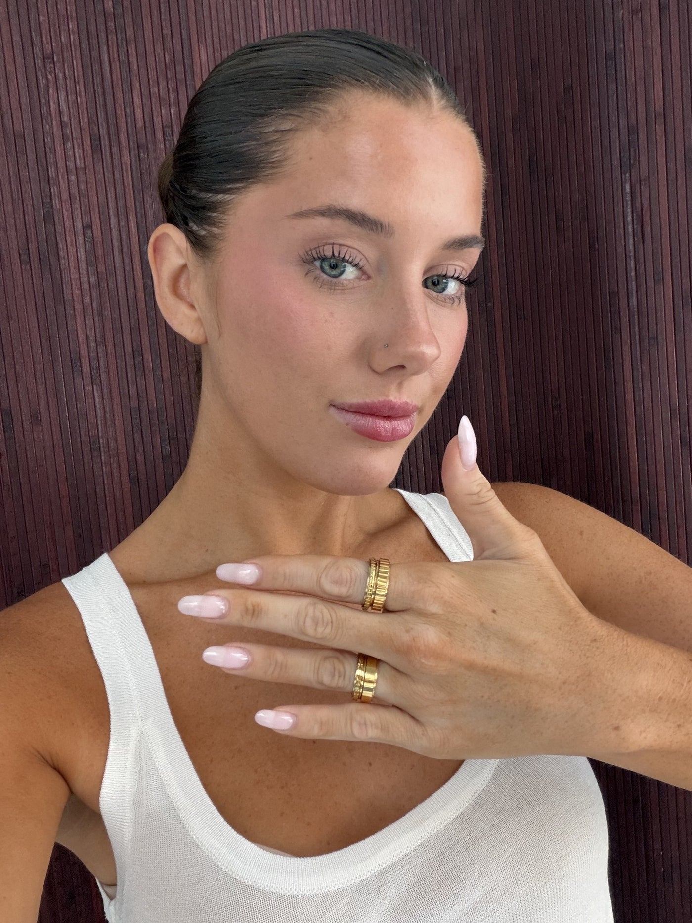 No Big Deal Rotator Anxi Ring worn on the hand, everyday gold jewelry